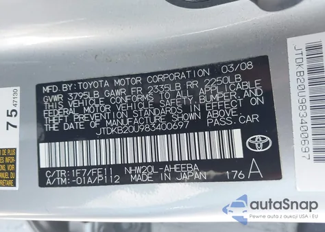 2008 Toyota Prius from USA, damaged, VIN JTDKB20U983400697